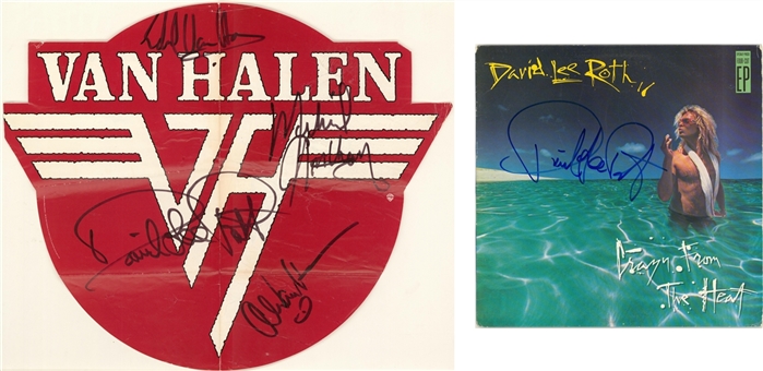 Lot of (2) Van Halen Band Signed Logo Poster & David Lee Roth Single Signed Album (Beckett PreCert)
